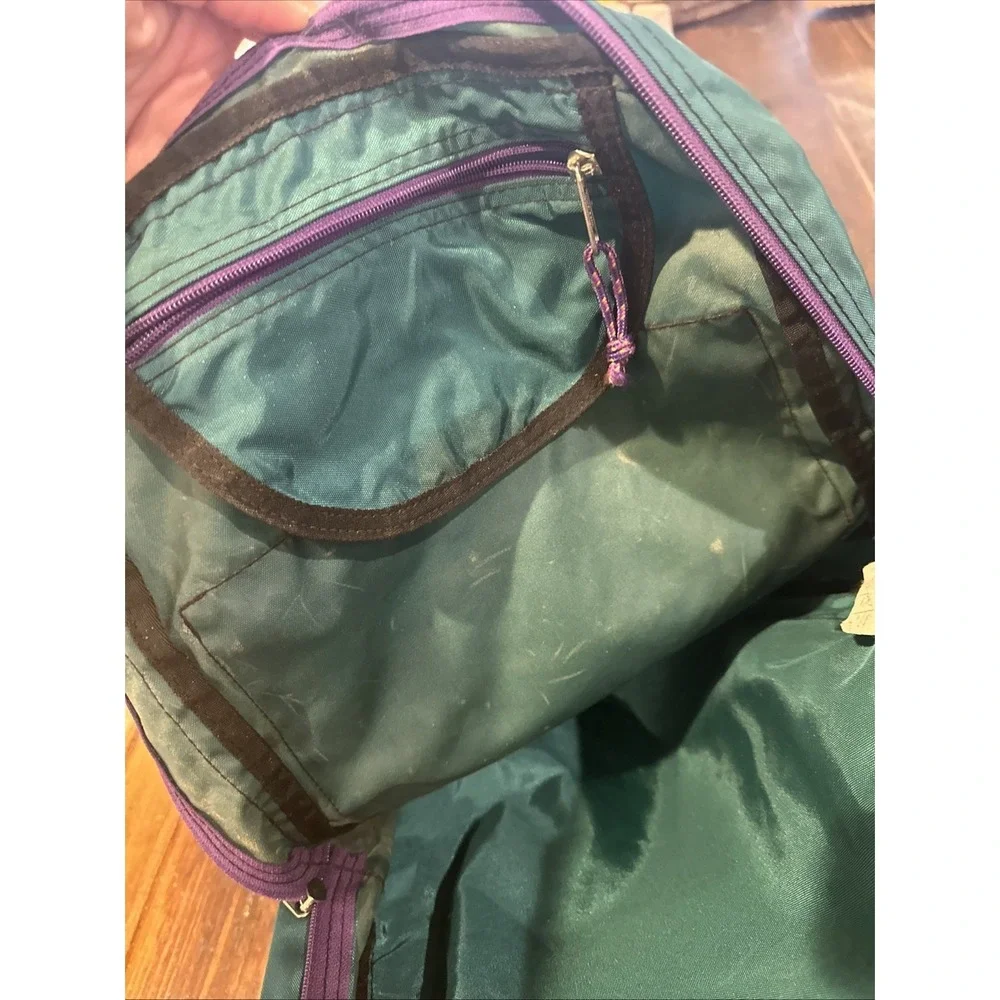 VTG LL Bean Deluxe Book Pack Nylon Backpack Green Purple School Casual Outdoors